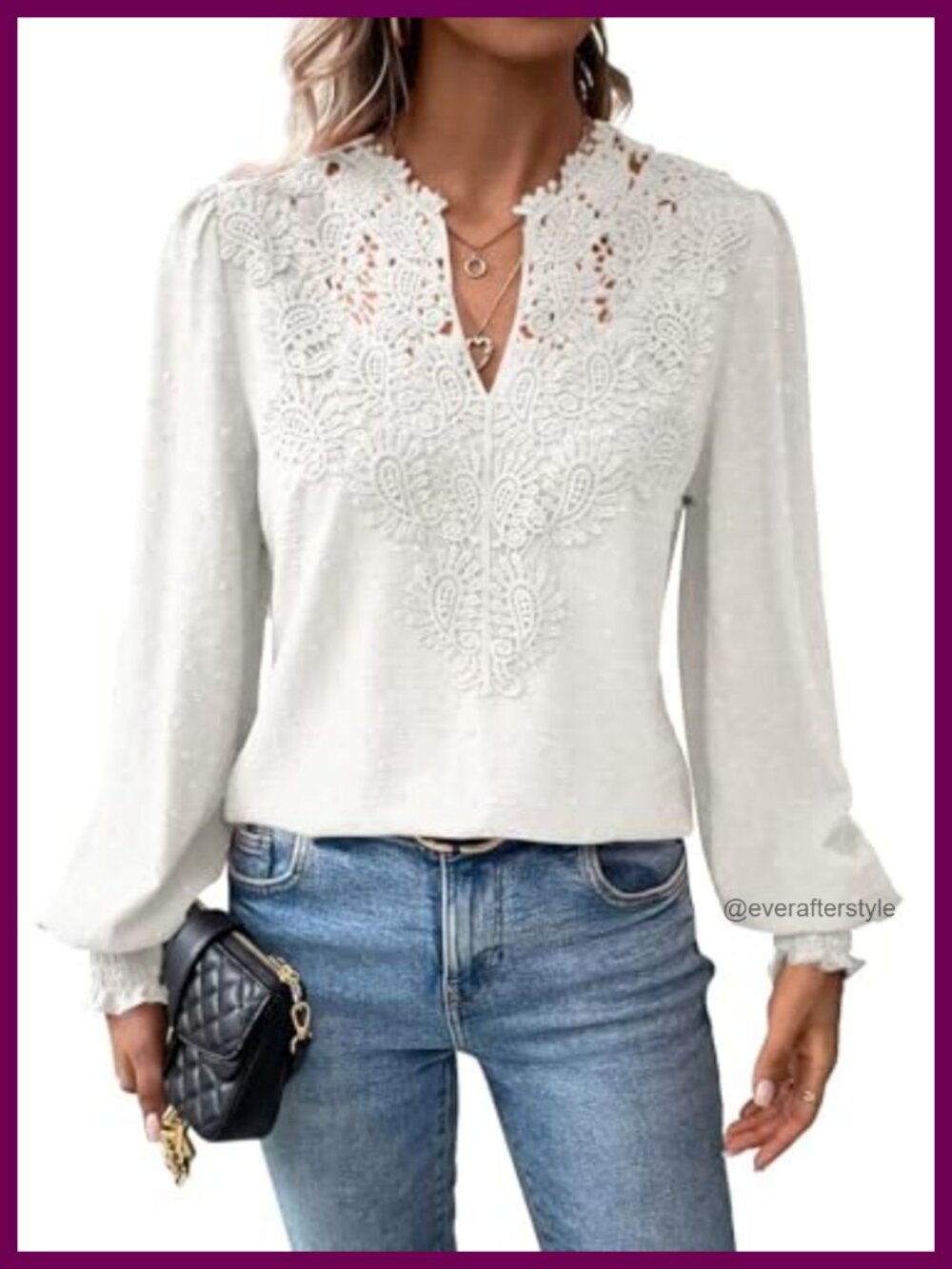 Falechay Women's Boho Lace Floral V-Neck Blouse Long Sleeve Ruffle Top
